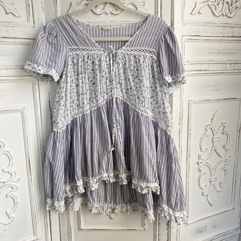 Stripe & Floral Tunic Blouse - Size M